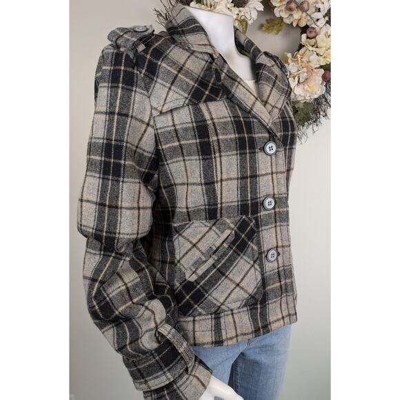 Rough Hewn Wool Blend Plaid Button Jacket XL Short Moto Peacoat Black Gray Tan - Picture 2 of 13
